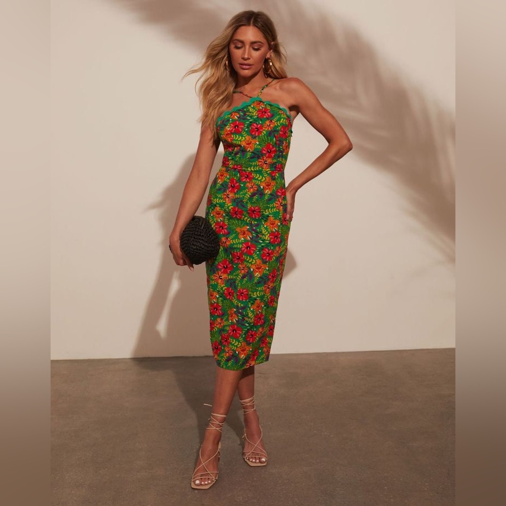 Freya Halter Floral Scallop Trim Midi Dress Green Multi